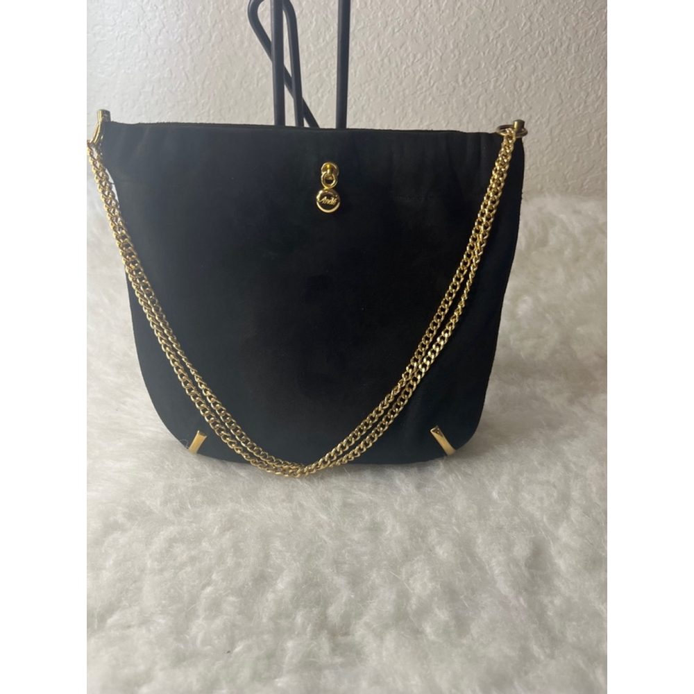 Vintage Ande 1960’s Black Suede Evening Bag Gold Double/Single Chain